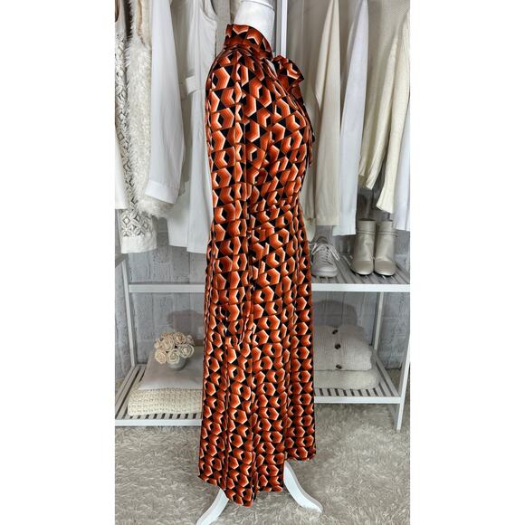 Worthington Women's Sz XS Orange Geometric Print Tie Neck Satin Midi Dress #0561 - Picture 5 of 13